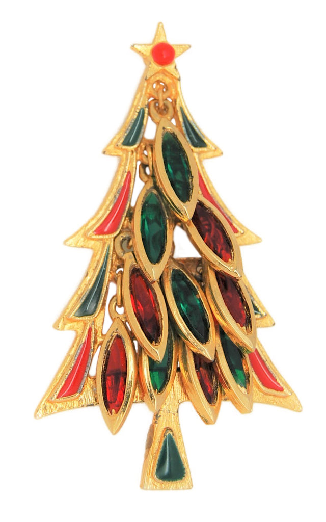 Tancer II Red & Green Glass Dangle Tree Vintage Figural Brooch