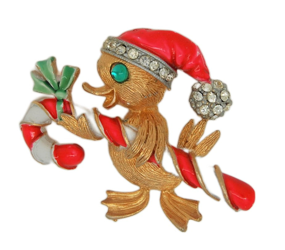 JJ Christmas Duck &amp; Candy Cane Vintage Figural Costume Brooch
