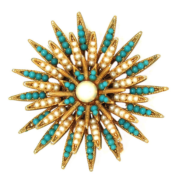 BSK Starburst Pearl & Turquoise Vintage Costume Figural Pin Brooch