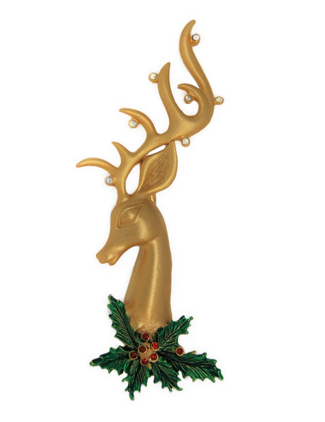 JJ Jonette Massive Holly Berries Reindeer Vintage Figural Pin Brooch