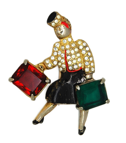 Bauman Massa Jomaz Bellhop Suitcase Lady Fur Clip Vintage Figural Brooch