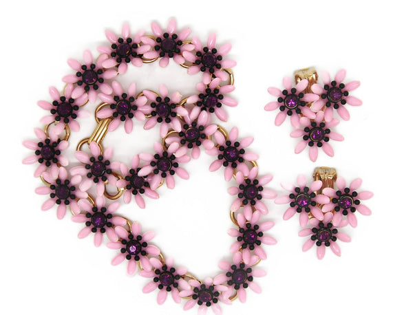 1950s Beautiful Celluloid Pink Purple Floral Daisy Necklace & Figural Earrings Set.