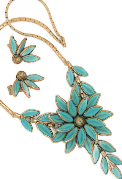 Trifari 1940s Blue Glass Flower A Philippe Necklace & Matching Earrings Set