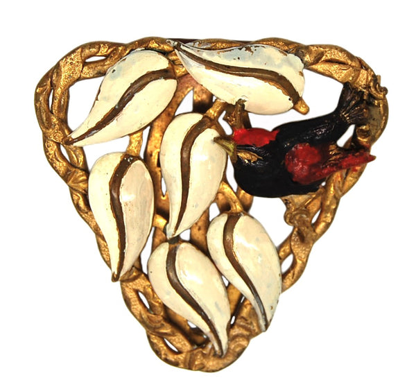 Art Deco Floral Blackbird Dress Clip Gold Tone Vintage Figural Pin Brooch