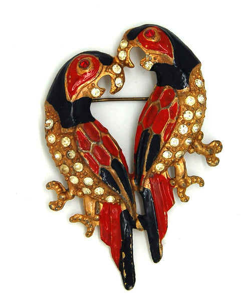 Fred Grey Large Double Enameled Parrots Vintage Figural Pin Brooch
