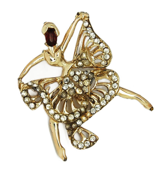 Longcraft Cut Work Ballet Dancer Gold Plate Rhinestones Vintage Figural Brooch