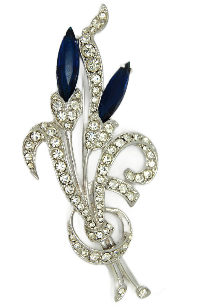 Trifari Sapphire Blooms Rhodium Floral Spray Vintage Figural Pin Brooch 1970s