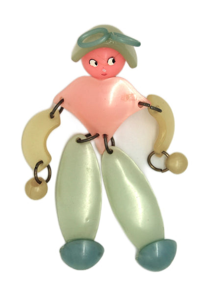Coro Nylon Lucite Articulated Blue Boy Vintage Figural Pin Brooch