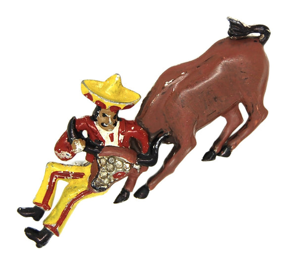Bauman Massa BM Bull Wrangler Vintage Costume Figural Pin Brooch 1940s
