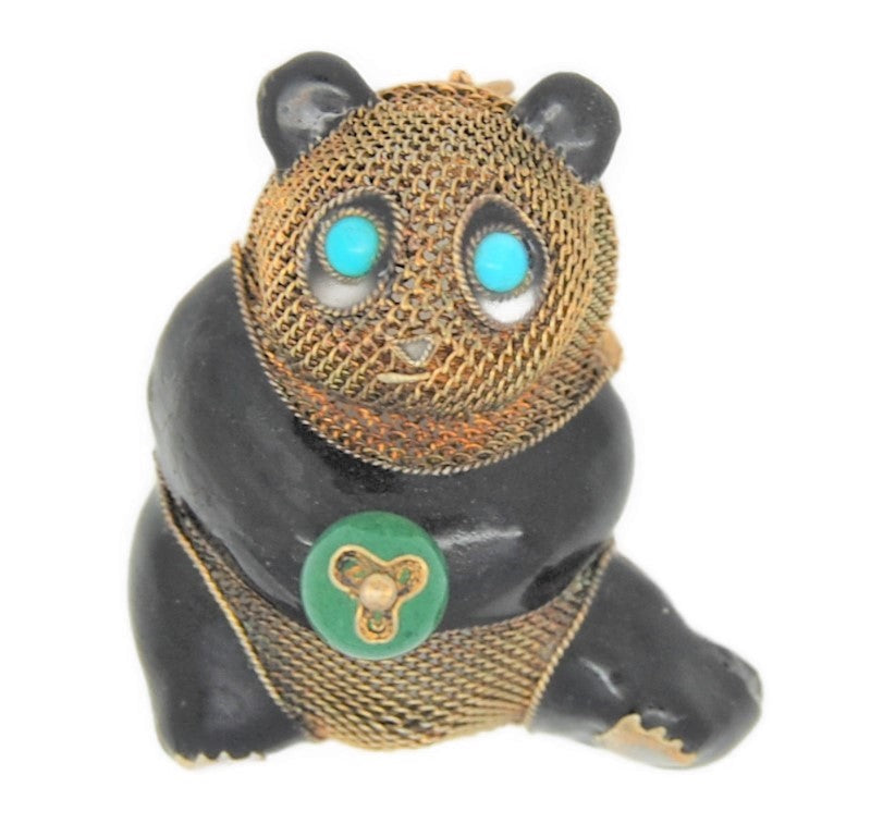 Antique Wire Mesh Enamel Panda Bear With Ball Vintage Costume Pin Brooch