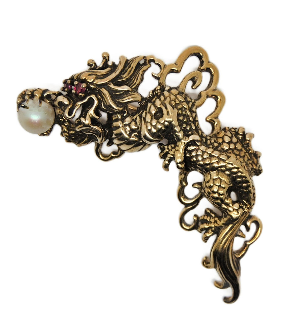 Flying Dragon Sterling Vermeil Ruby & Pearl Hi-End Vintage Figural Pin Brooch