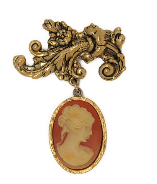 Floral Dangle Cameo Gold Plate Vintage Figural Brooch