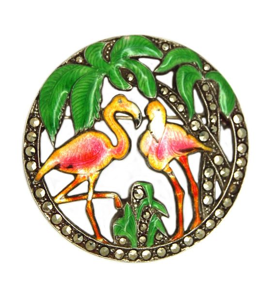 Uncas 1930s Sterling Silver Tropical Flamingos Vintage Figural Brooch