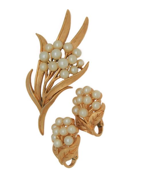 Trifari Pearl Floral Vintage Figural Brooch & Earring Set
