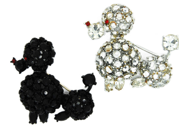 Capri Black & White Pave Rhinestones Poodle Dogs Vintage Figural Brooch Set