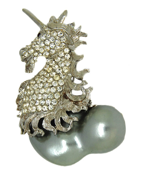 KJL Unicorn Pave Rhinestone Silver Tone Double Pearl Vintage Figural Brooch