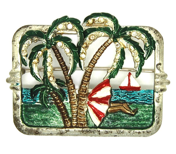 Bauman Massa Tropical Beach Scene Palm Tree Figural Brooch 1940s
