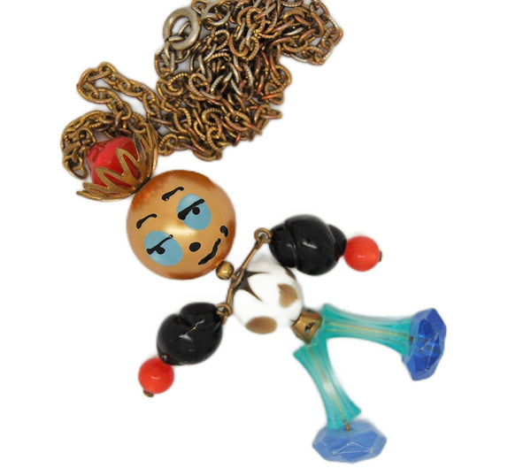 Dangling Beady Man Vintage Pendant with Original Gold Tone Chain