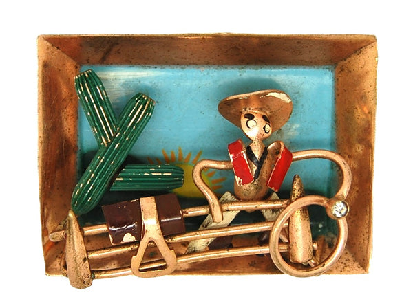 Longcraft Cowboy Whimsy Framed Scene 3-D Vintage Pictorial Figural Brooch