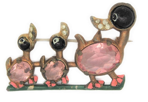 1930s Duck & Ducklings Bar Vintage Figural Costume Brooch