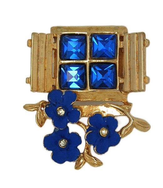 Reja Open Window Royal Blue Triple Floral Blossoms Vintage Figural Brooch