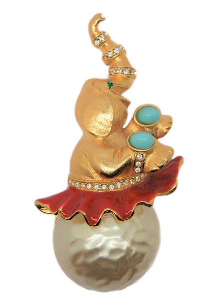 KJL Elephant Tutu Circus Enamel & Pearl Vintage Costume Figural Pin Brooch