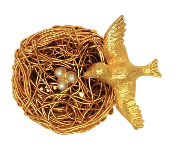 Jeanne Bird Nest Gold Wire Work 3 Eggs Vintage Costume Figural Pin Brooch 1950s