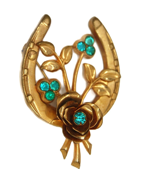 Coro Lucky Horseshoe Floral Baby Blue Vintage Figural Costume Brooch