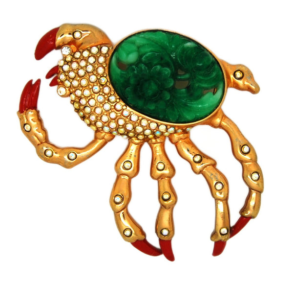 Carnegie Jade Belly AB Body Stones Crab Claws Vintage Figural Pin Brooch