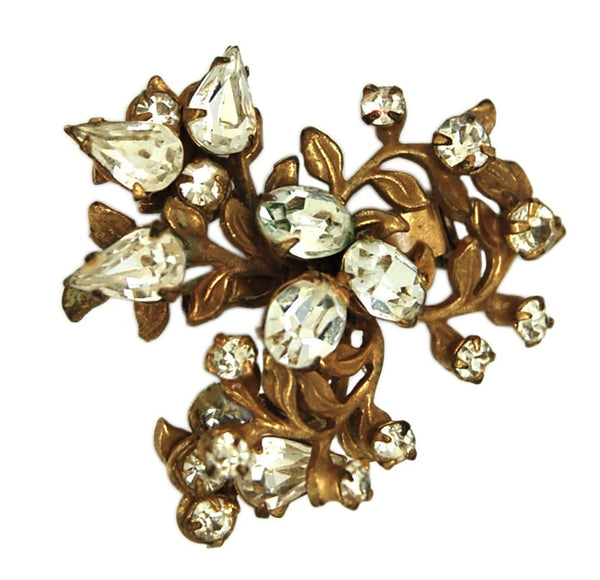 Gold Plate Dimensional Floral Crystals Vintage Figural Pin Brooch