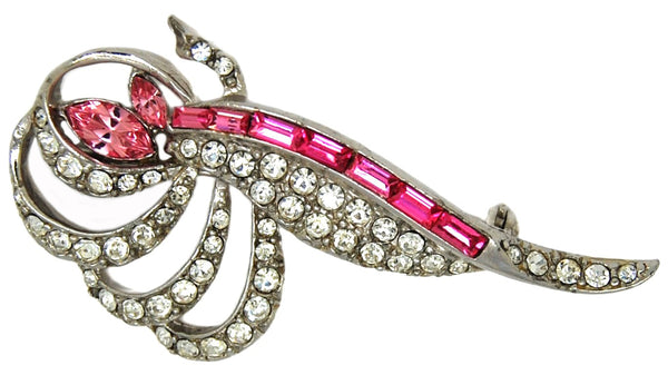 Beautiful Pink & Clear Rhinestones Rhodium Leaf Abstract Vintage Figural Pin Brooch