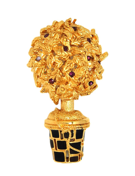 St John 22k Gold Plate Black Enamel Floral Topiary Vintage Figural Pin Brooch