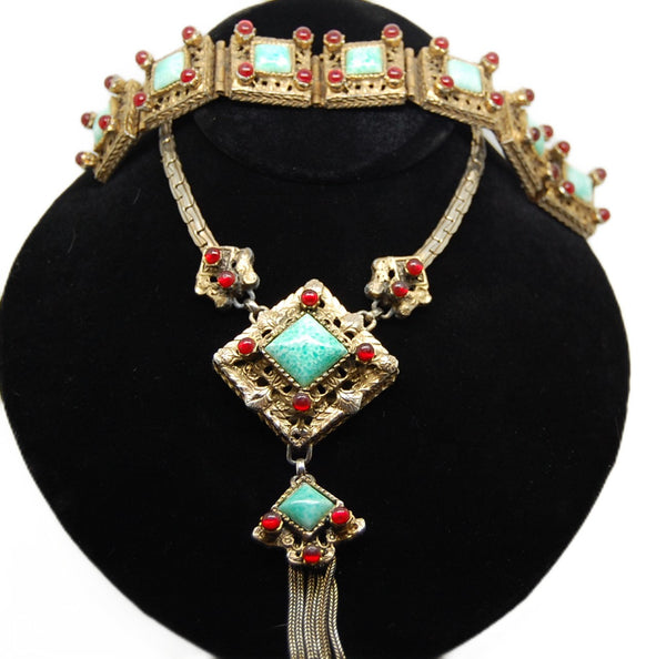 Braunstein Ruby & Green Jade Gold Plated Floral Framed Necklace & Bracelet Set