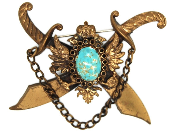 Metal Spec Crossed Swords Eagle Shield Dangle Vintage Figural Brooch