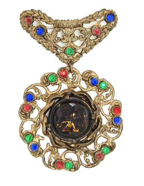 Austro Hungarian Signed HH Brass Glass Dangle Vintage Brooch