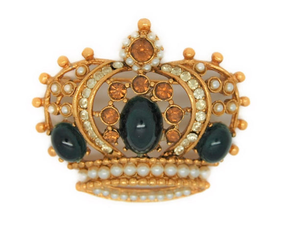 Weiss Royal Crown Jade Pearls & Rhinestones Vintage Figural Costume Brooch