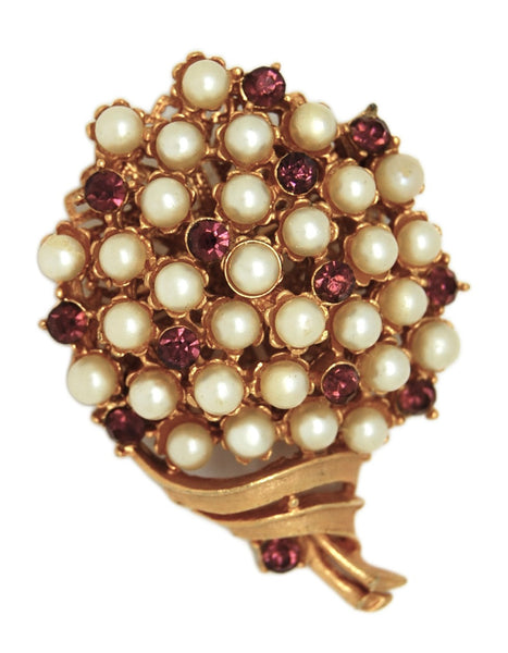 Kramer Pearl Grape Rhinestones Cornucopia Vintage Figural Pin Brooch
