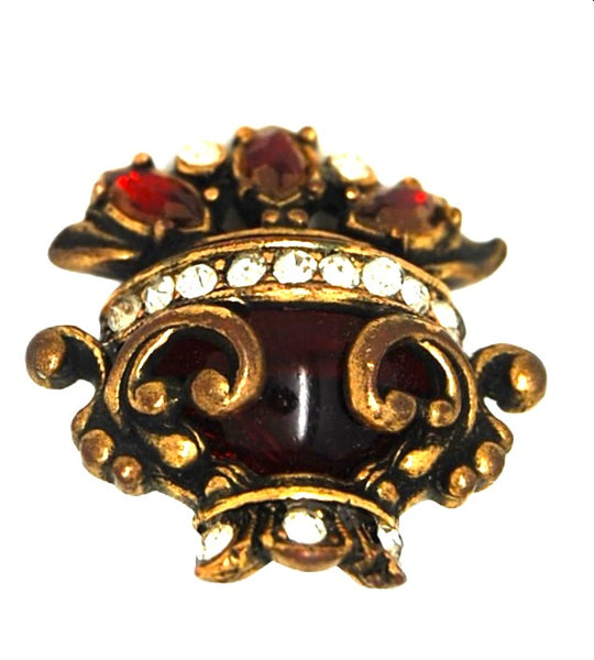 1930s Rhinestone Ruby Jelly Belly Gold Plate Urn Vintage Figural Pin Brooch