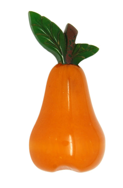 Bakelite Honey Color Pear & Deep Green Carved Leaves Vintage  Figural Brooch
