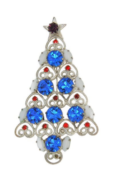 Ron Sapphire & Cream Christmas Tree Vintage Figural Costume Brooch