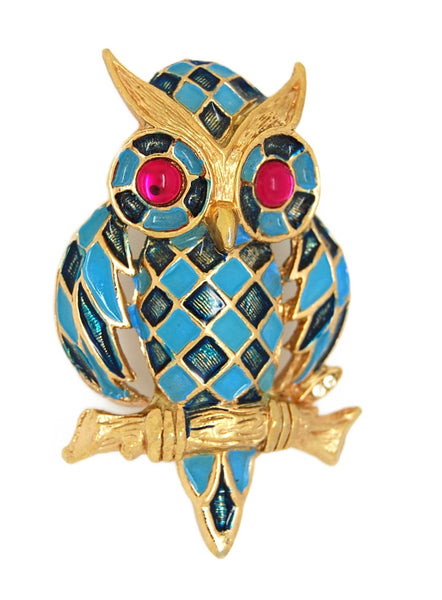 Harlequin Owl Blue & Green Enamel Bright Gold Tone Vintage Figural Pin Brooch