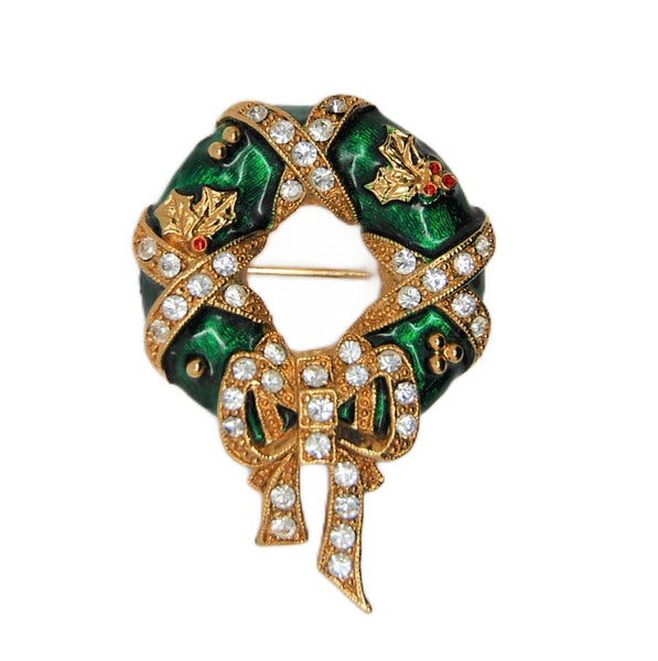 Christmas Wreath Green Enamel & Rhinestone Holiday Brooch 1928