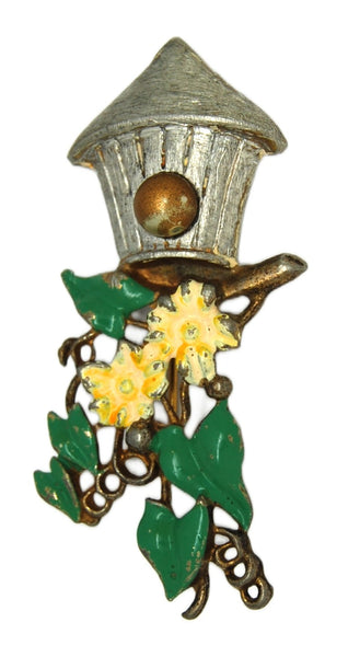 Pot Metal Floral Lantern Bird House Vintage Figural Pin Brooch
