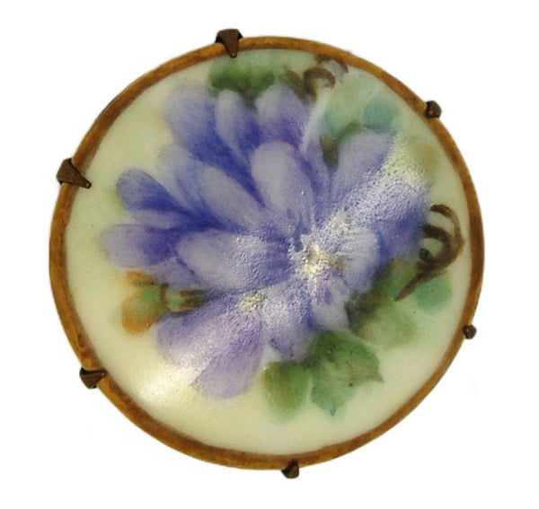 Victorian Hand Painted Violets Collar Antique Circle Porcelain Brooch