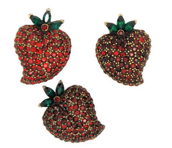 Jomaz Pave Ruby Strawberry Heart Fruit Vintage Figural Brooch & Earrings Set