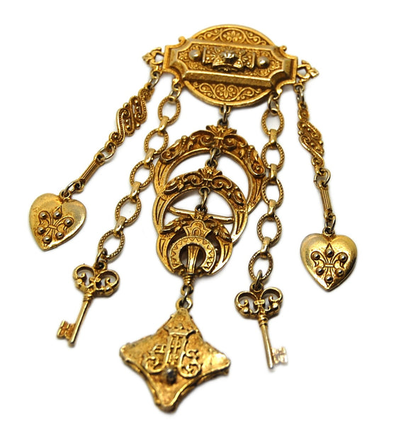 Coro Pegasus Chatelaine Dangle Keys to My Heart Charms Vintage Figural Pin Brooch