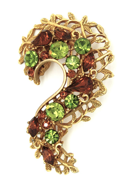 BSK Root Beer & Peridot Question Mark Filigree Vintage Figural Brooch