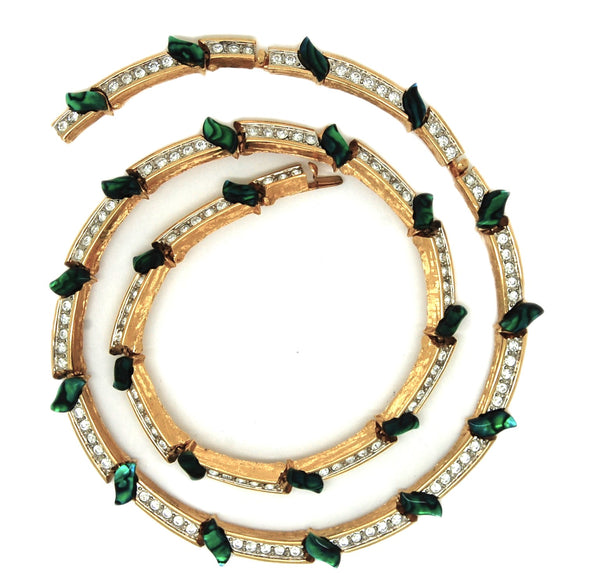Butler Icy Rhinestone & Jade Green Lucite Gold Plate Vintage Necklace