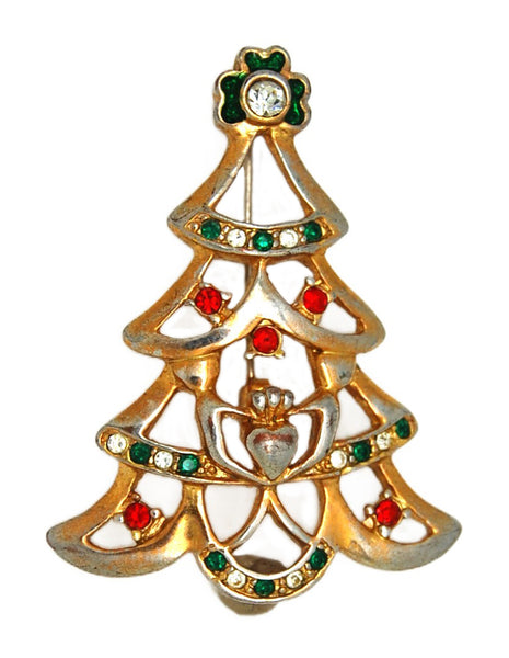 Claddagh Christmas Tree Unique Gold Tone Rhinestones Vintage Figural Brooch