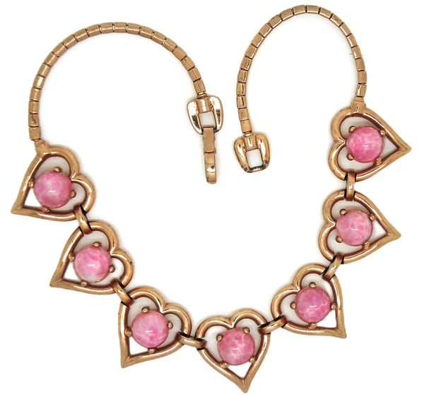 Reja Gorgeous Signed Seven Hearts Pink Glass Vintage Necklace